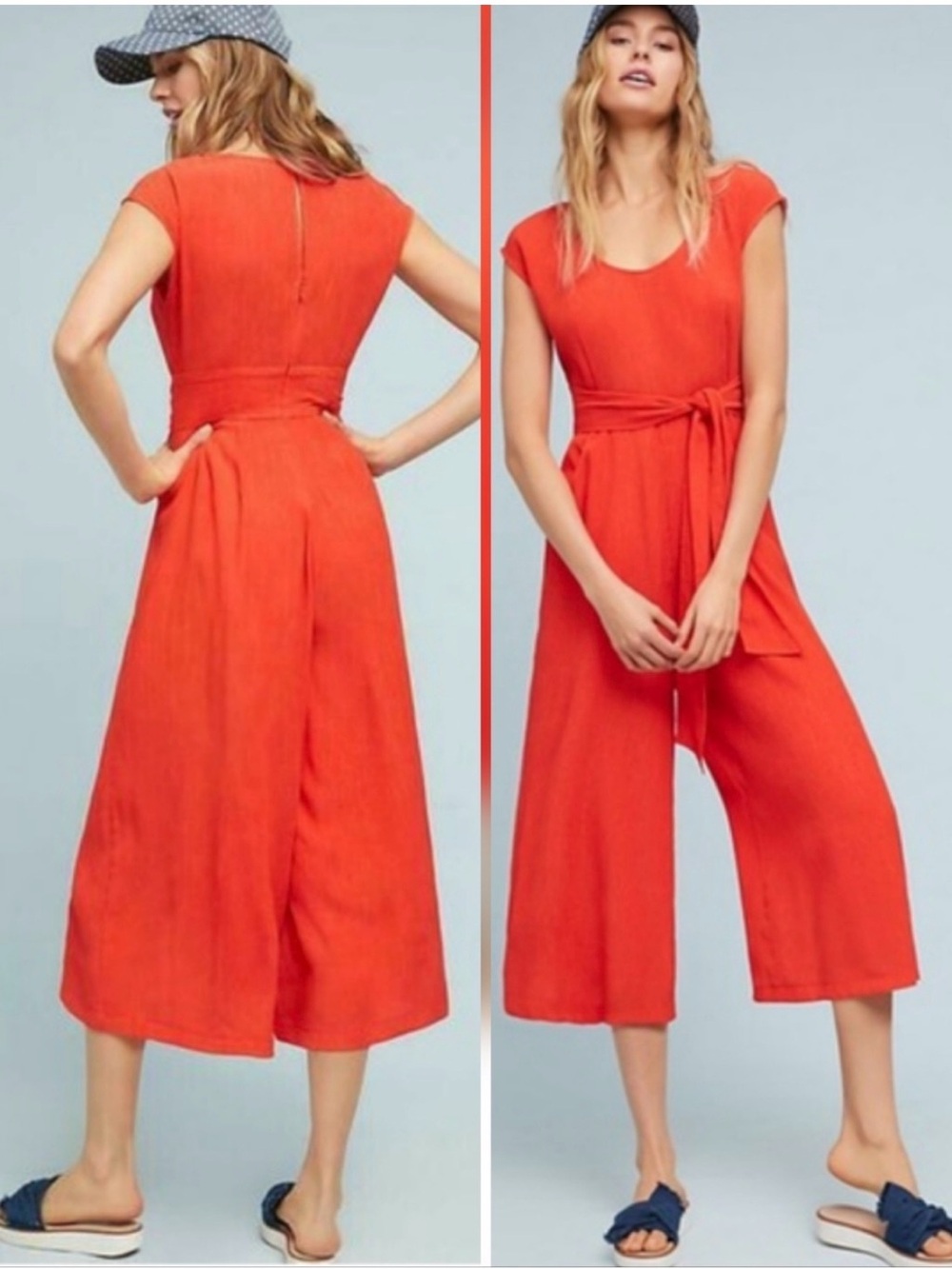 Anthropologie Abbey Crinkle Text Tie-Waist Cap-Sleeve Jumpsuit in Bright Orange